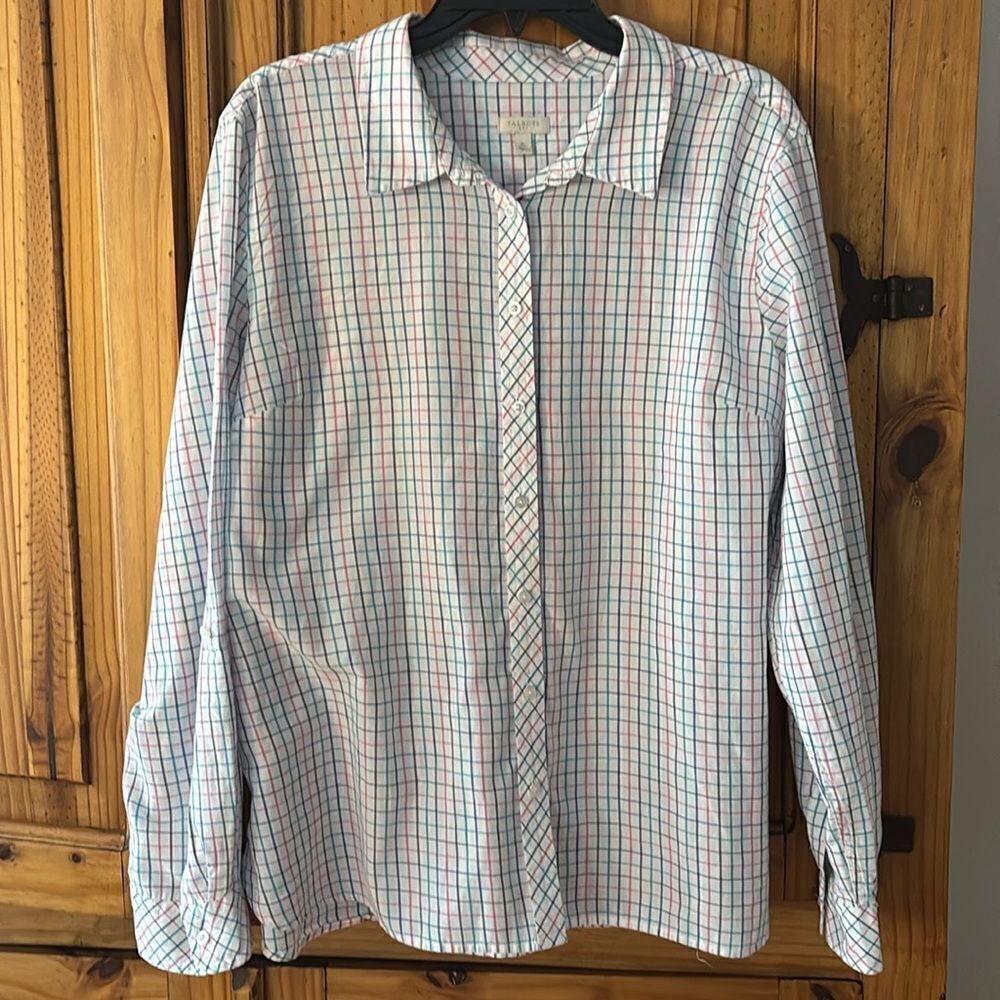 Talbots Multicolor Plaid Bouse with Roll Tab Sleeves